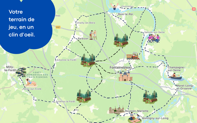 Illustrated map of Fontainebleau and its surroundings with points of interest to explore by bike
