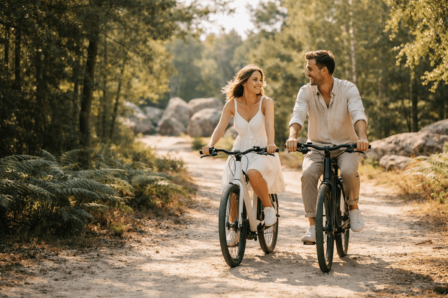 Couple riding electric bikes in Fontainebleau forest